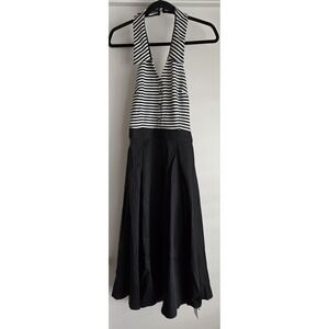 NWT Retro Stage Dress Women S Black White Striped Sleeveless Collared Maxi